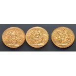 A Victorian gold sovereign, 1882; and two Edwardian gold sovereigns, 1903 and 1907.