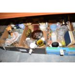 A collection of miscellaneous household china; glassware; ornaments; etc., in three boxes.