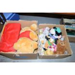 A large collection of soft toys, including: Disney; Winnie The Pooh; and others, in two boxes.