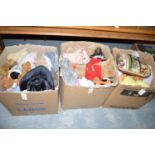 A large collection of miscellaneous soft toys; etc., in three boxes.