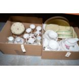 A collection of miscellaneous tea, dinnerware, and sundry china and glass, in two boxes.