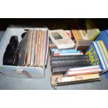 A collection of miscellaneous books; and LP and 45rpm records, various, in two boxes.