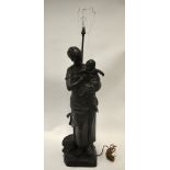 A large bronzed spelter figural lamp, modelled as a mother and child beside a village pump,