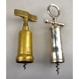 An Italian design EP closed barrel corkscrew with ring-top to/w a brass closed-barrel corkscrew,