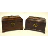 A near pair of 19th century mahogany caddy topped boxes having brass swan handles and hand cut