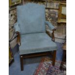 A pair of Gainsborough styled pale green upholstered mahogany framed open armchairs (2)