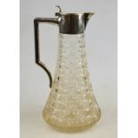 A hobnail-cut glass claret jug of tapering form with silver collar, cover and handle, J.