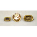 Two Victorian rectangular brooches set with plaited hair, gilt metal set to/w shell cameo of female,