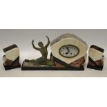 A 1930's French Art Deco marble, slate and alabaster three-piece clock garniture mounted with a