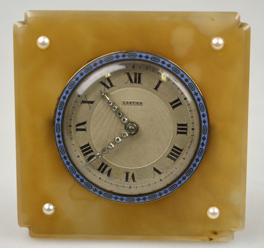 Cartier - an early 20th century agate, enamel and diamond and pearl set desk clock, the square-