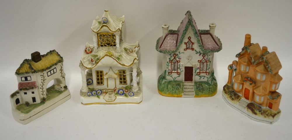 A Victorian Staffordshire pastille burner in the form of a pagoda house, 24 cm to/w three further