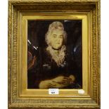 An Edwardian crystoleum printed with portrait of a widow with lace cap, 27 x 21 cm, in gilt gesso