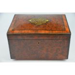 A 19th century Continental amboyna cigar humidor with rosewood cross-banding, brass and mother-of-