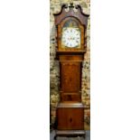 A 19th century oak and mahogany 8-day longcase clock with painted arch dial depicting abbey ruins,