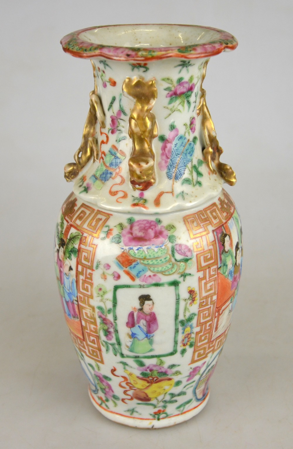 A Chinese Canton famille rose baluster vase decorated with panels of figures on a verandah and - Image 4 of 8