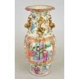 A Chinese Canton famille rose baluster vase decorated with panels of figures on a verandah and