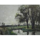 English school - Landscape with pond and trees, oil on board, 19 x 25 cm Condition Report Good