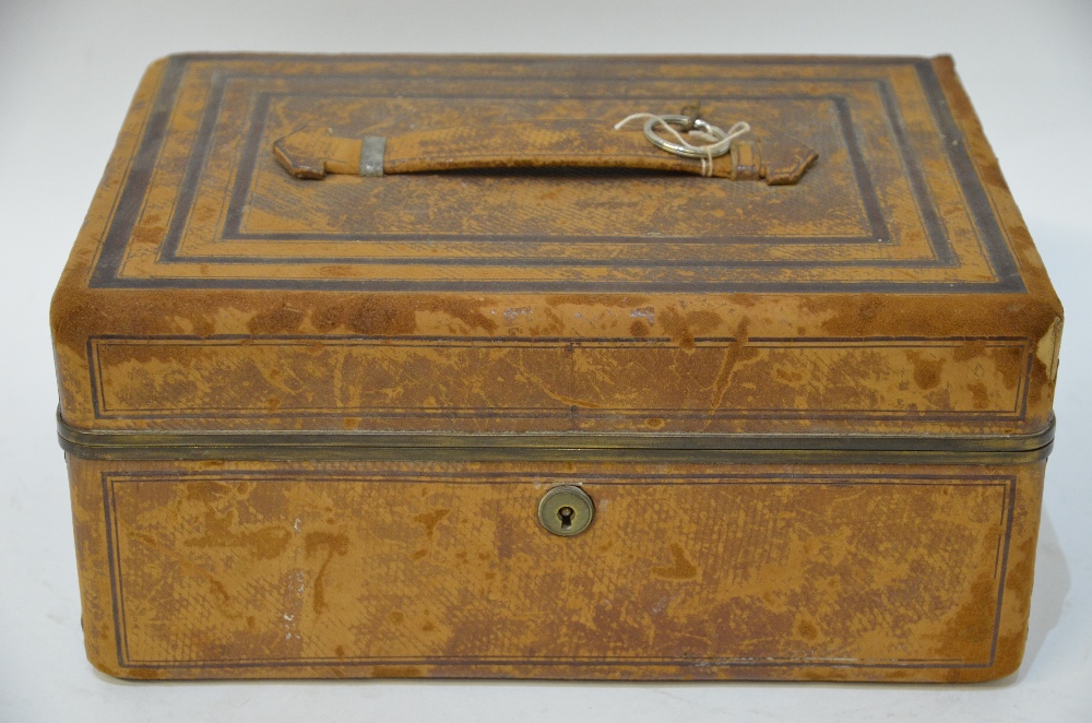 A Victorian calf-bound travelling toilet case, fitted with cut glass jars with electroplated covers, - Image 4 of 4