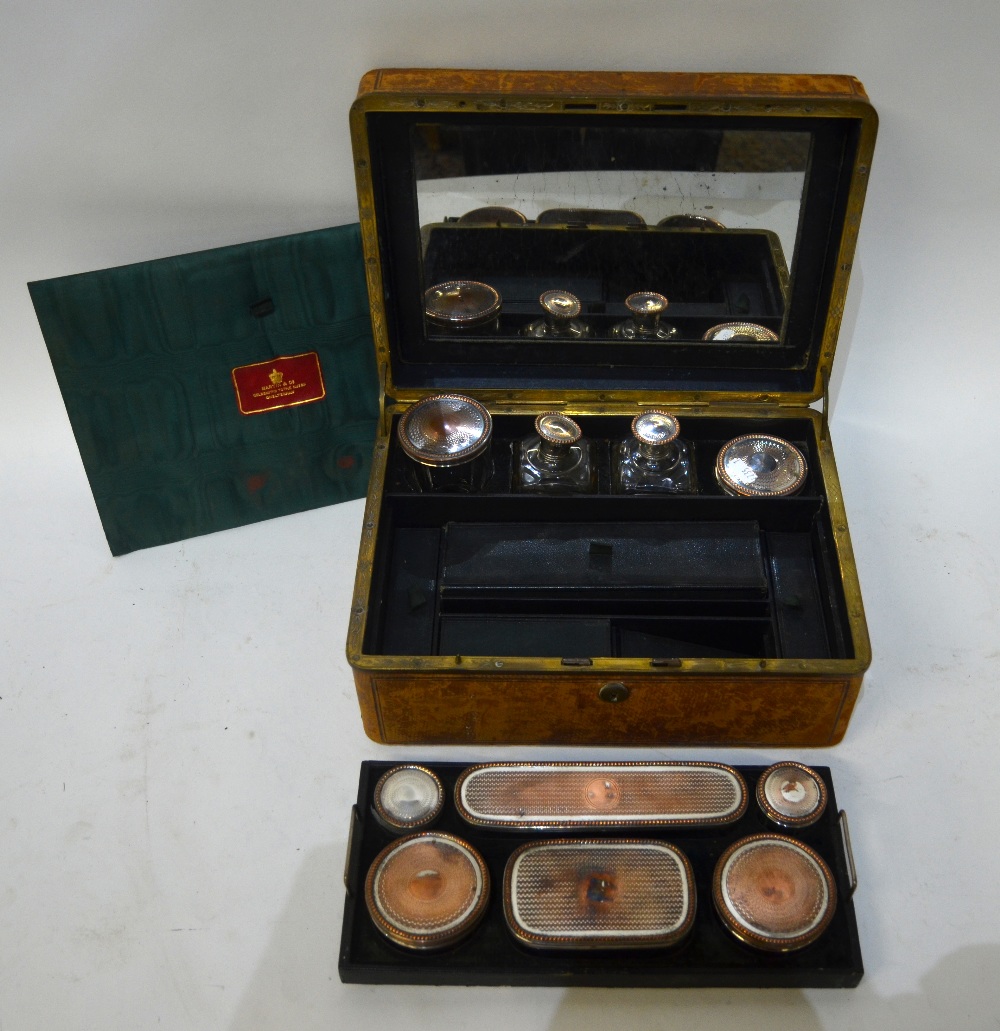 A Victorian calf-bound travelling toilet case, fitted with cut glass jars with electroplated covers, - Image 3 of 4