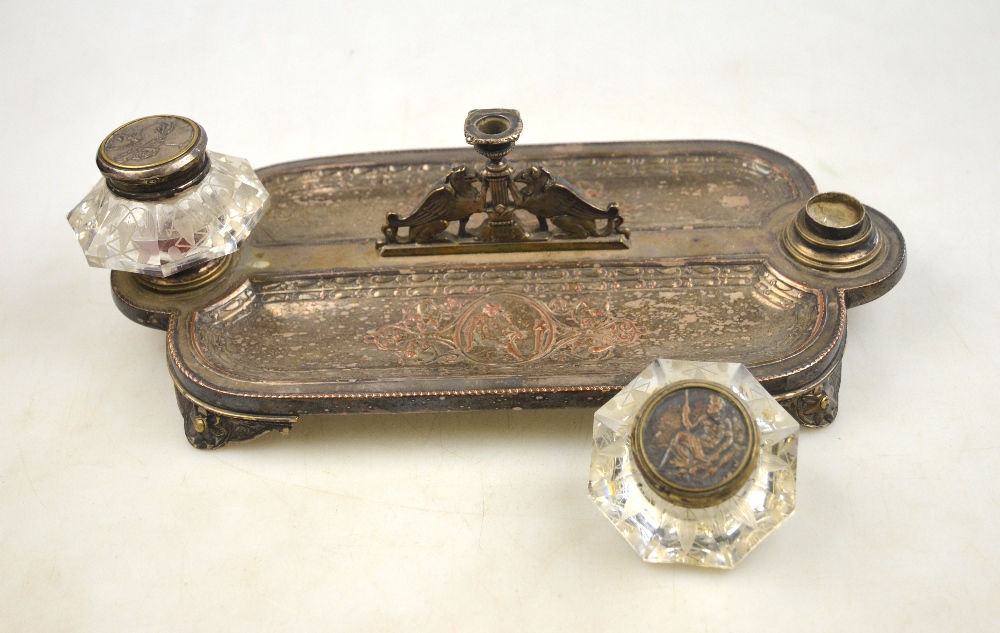 A Victorian electroplated inkstand by Elkington, Mason & Co. with central taperstick flanked by - Image 3 of 3