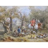 Frederick Taylor - Hunting party encountering locals logging in woodland, watercolour, signed with