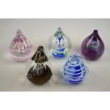 Five pear shaped Caithness glass paperweights including Splash, Red Arrows, four with facetted