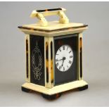 A French ivory and tortoiseshell carriage clock with 32 mm circular enamel dial, the sides with