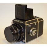 A Zenza Bronica camera with Nikkor - P 1:2.8 f = 75 mm lens no.166181; body no. CB303178, film