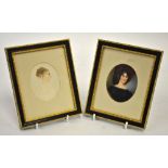 An early Victorian and oval portrait miniature of a lady with curled hair and black dress, to/w a