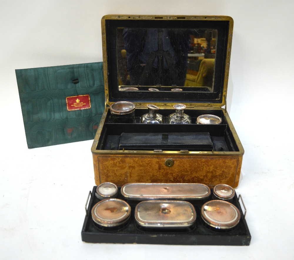 A Victorian calf-bound travelling toilet case, fitted with cut glass jars with electroplated covers, - Image 2 of 4