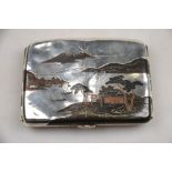 A Japanese mixed metal and silver cigarette case decorated with a watery landscape with Mount Fuji