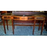 A George III Sheraton inlaid mahogany breakfront serving table, the narrow top over a crossbanded