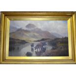 H.R. Hall - An extensive Scottish landscape with highland cattle in a lake, oil on canvas, signed