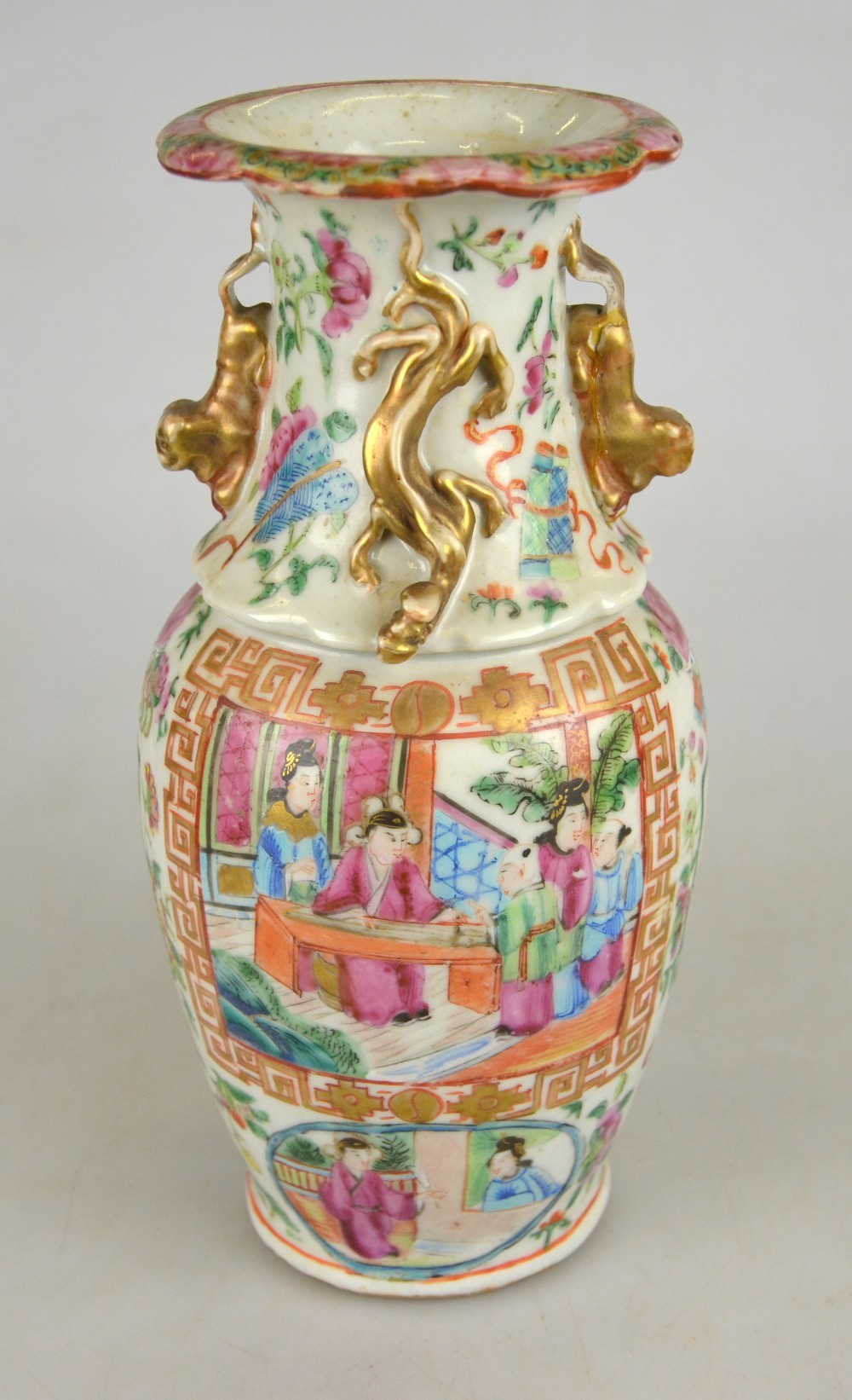 A Chinese Canton famille rose baluster vase decorated with panels of figures on a verandah and - Image 3 of 8