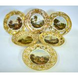 Six Derby early 19th century cabinet plates, each painted to the centre with a landscape within an