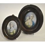 Two oval portrait miniatures of 18th century fashionable ladies with powdered hair, one inscribed on