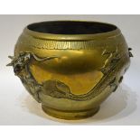 A Chinese large polished brass jardiniere decorated in relief with two writhing dragons, 30 cm high,