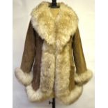 1970's style mid-brown suede leather three-quarter jacket edged with long-length cream sheepskin,