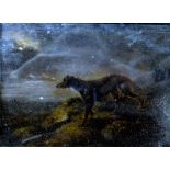 Scottish school - 'The Lurcher', dog in moonlit landscape with figures, oil on panel, 17.5 x 23 cm