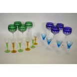 Waterford Crystal 'Clarendon' overlaid hock glasses - four emerald and four cobalt blue to/w a set