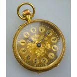 An Edwardian lady's 18ct gold fob watch with decorative engraved case and dial, import marked London