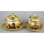 A pair of Derby sauce tureens, covers and stands, early 19th century, painted with vignettes of