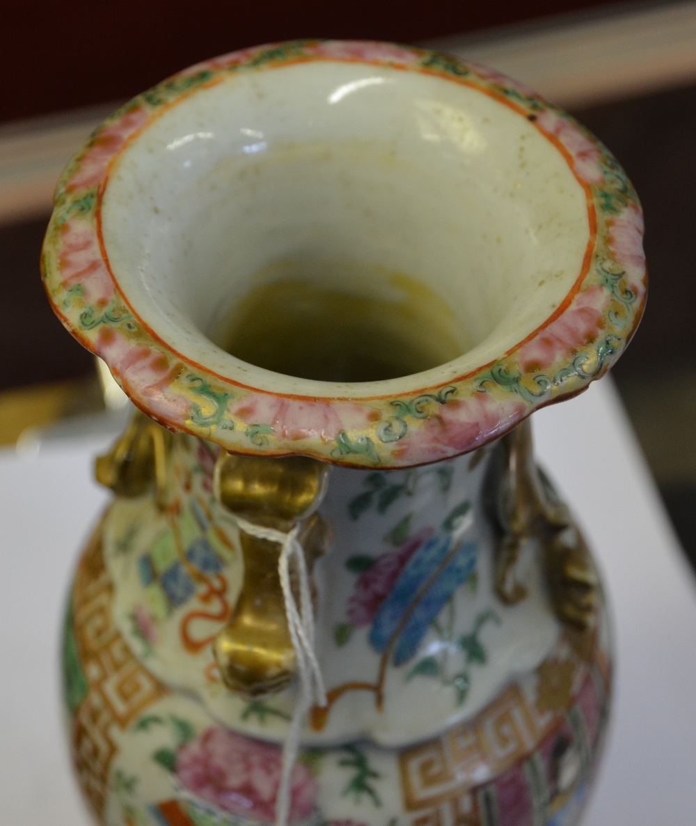 A Chinese Canton famille rose baluster vase decorated with panels of figures on a verandah and - Image 6 of 8