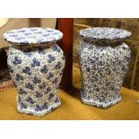 Two Victorian Mintons Chinese style moulded garden seats with blue and white transfer print