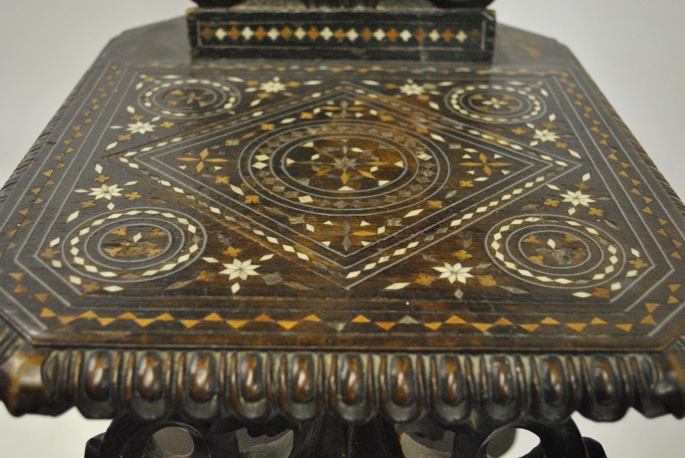 A 19th century Italian Damascus style inlaid hall chair, the shaped back centred with a figural - Image 3 of 3