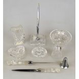 A small collection of Waterford Crystal:  Jam pot and cover, ring tidy, heart shaped trinket dish,