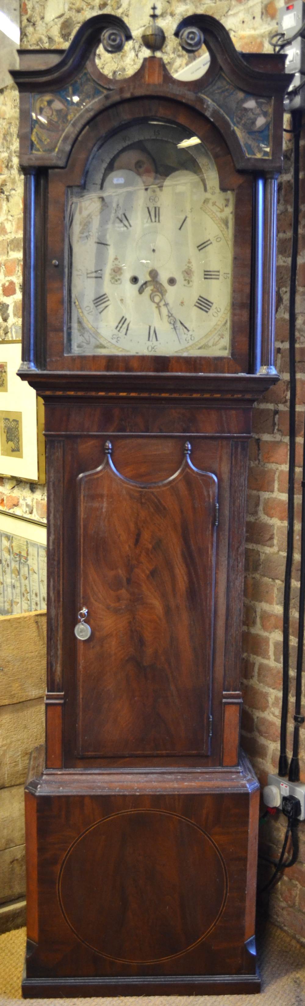 A Victorian inlaid mahogany 8-day longcase clock, the broken swan-neck hood enclosing an oversized
