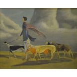 1930s English school - A lady walking greyhounds, oil on canvas, 38 x 48 cm Condition Report black