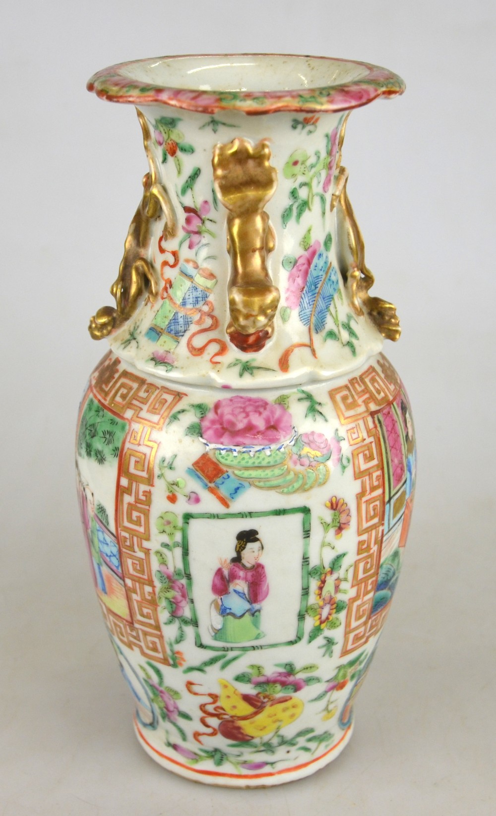 A Chinese Canton famille rose baluster vase decorated with panels of figures on a verandah and - Image 2 of 8