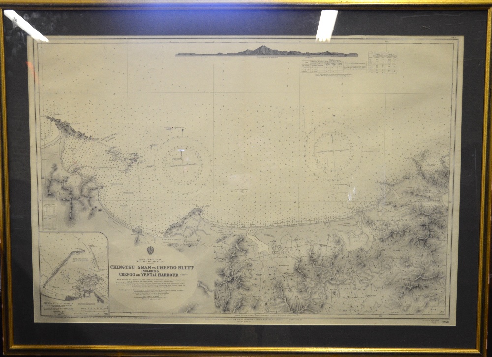 Two large framed Admiralty charts of the Chinese coast, Macao to Canton & Chingtsu Shan to Chefoo